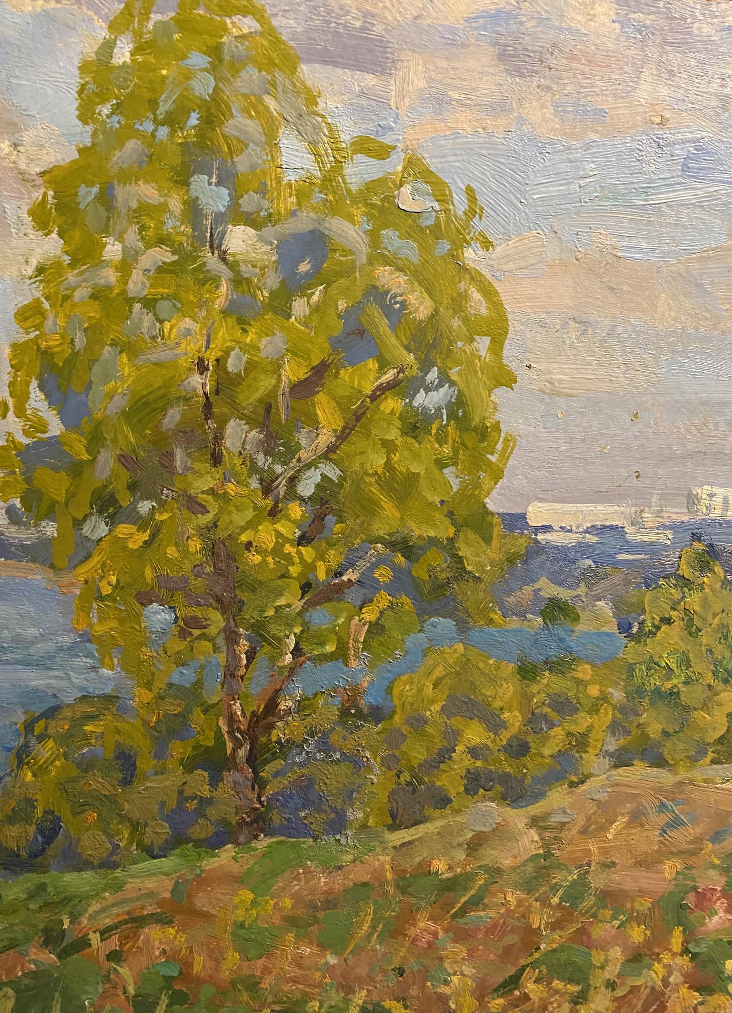 Vibrant yellow-green tree in impressionistic oil painting Oil painting City in the distance Georgy Kolosovsky