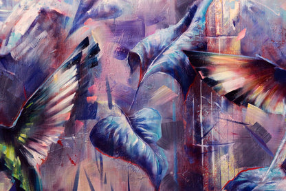 Oil painting Bluebirds by Alexander Dobrodiy with blue purple wing forms