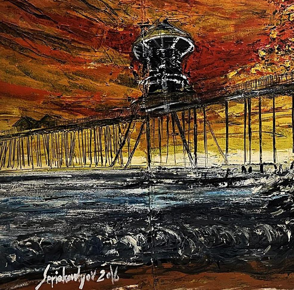 Oil painting of pier in turbulent waters at sunset by Serhiy Kovalev