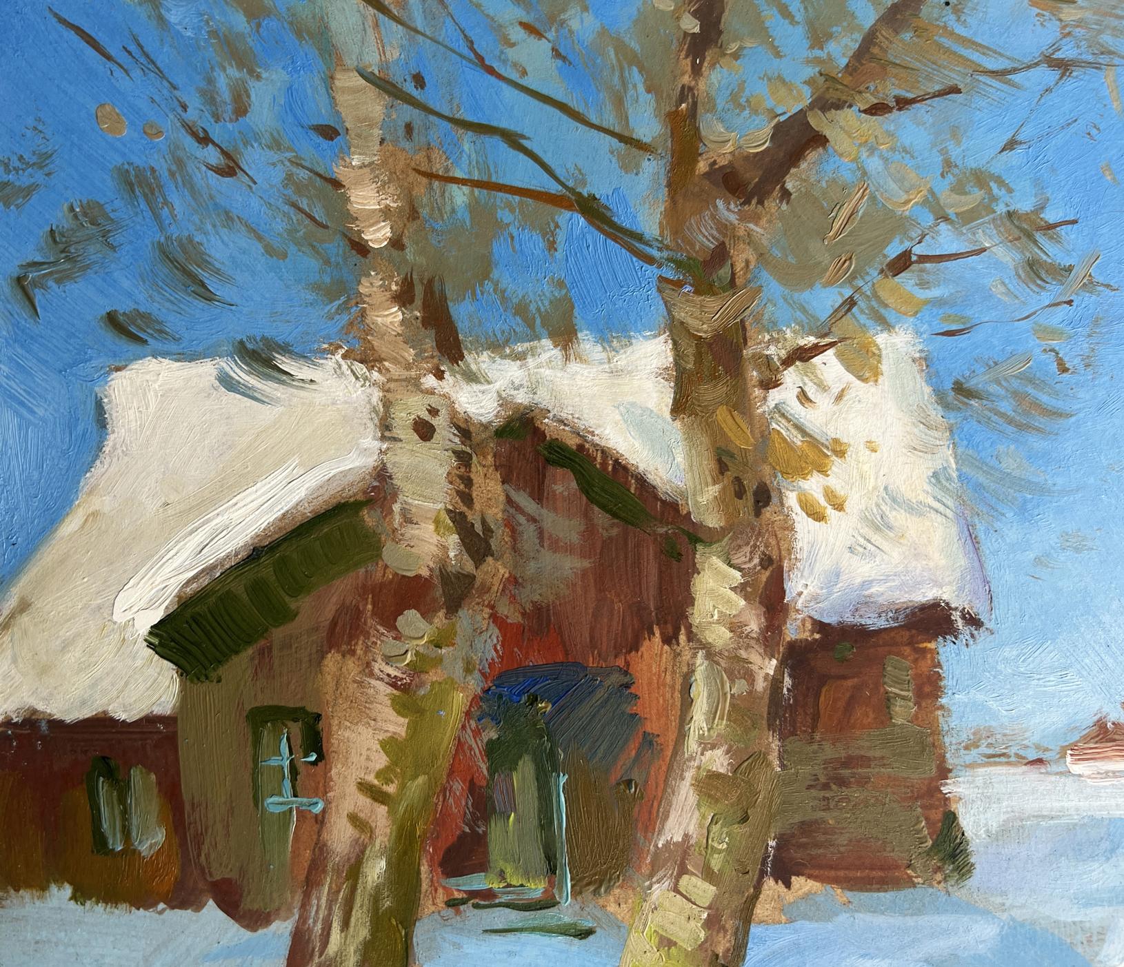 Oil painting of snow-covered thatched house and birch trees by Yuriy Suprunchuk