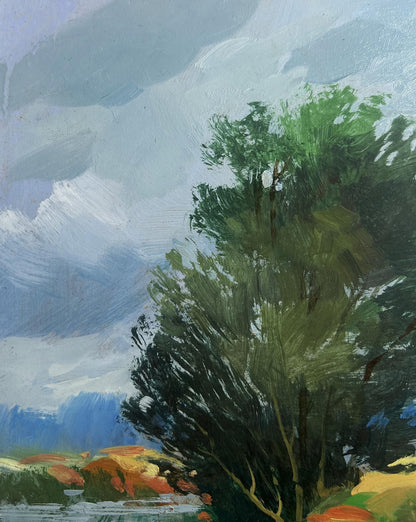 Impressionistic oil painting of fishing by lush tree, Yuriy Suprunchuk