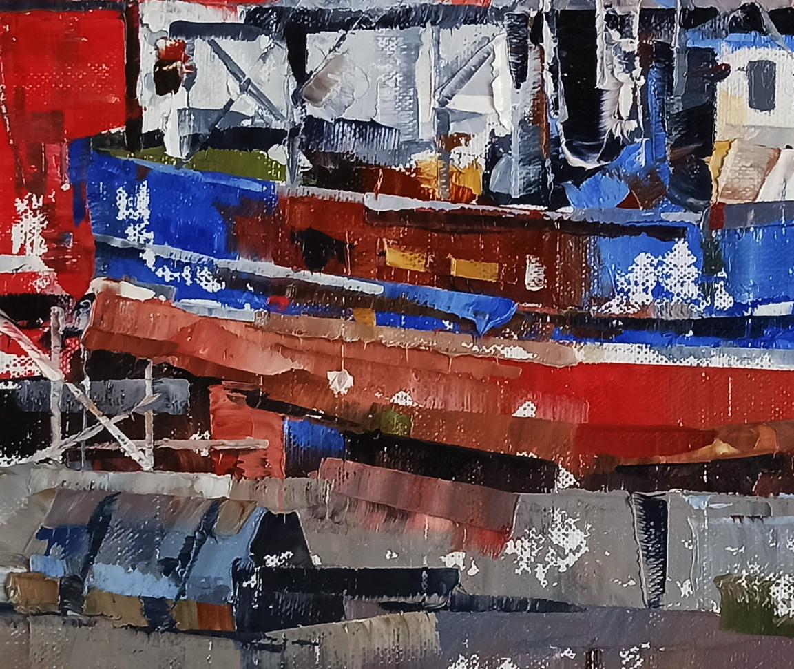 Abstract expressionist oil painting Boat in the city port by Volodymyr Gluhomanyuk
