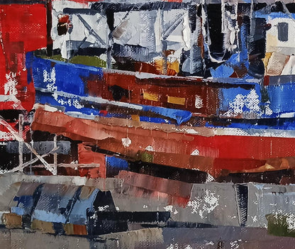 Abstract expressionist oil painting Boat in the city port by Volodymyr Gluhomanyuk