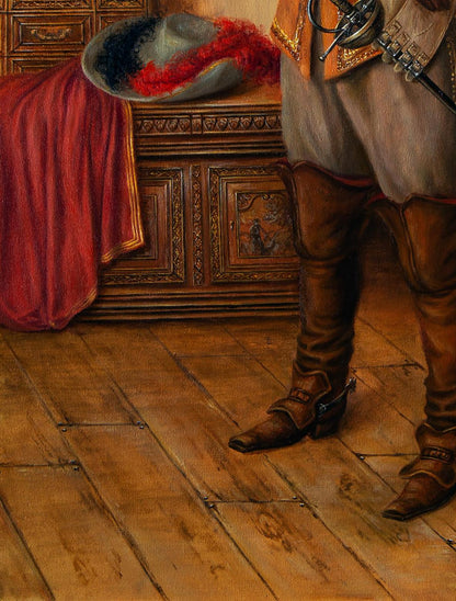 Gray tricorn hat with red black plume on cabinet in Valeriy Bulat oil painting