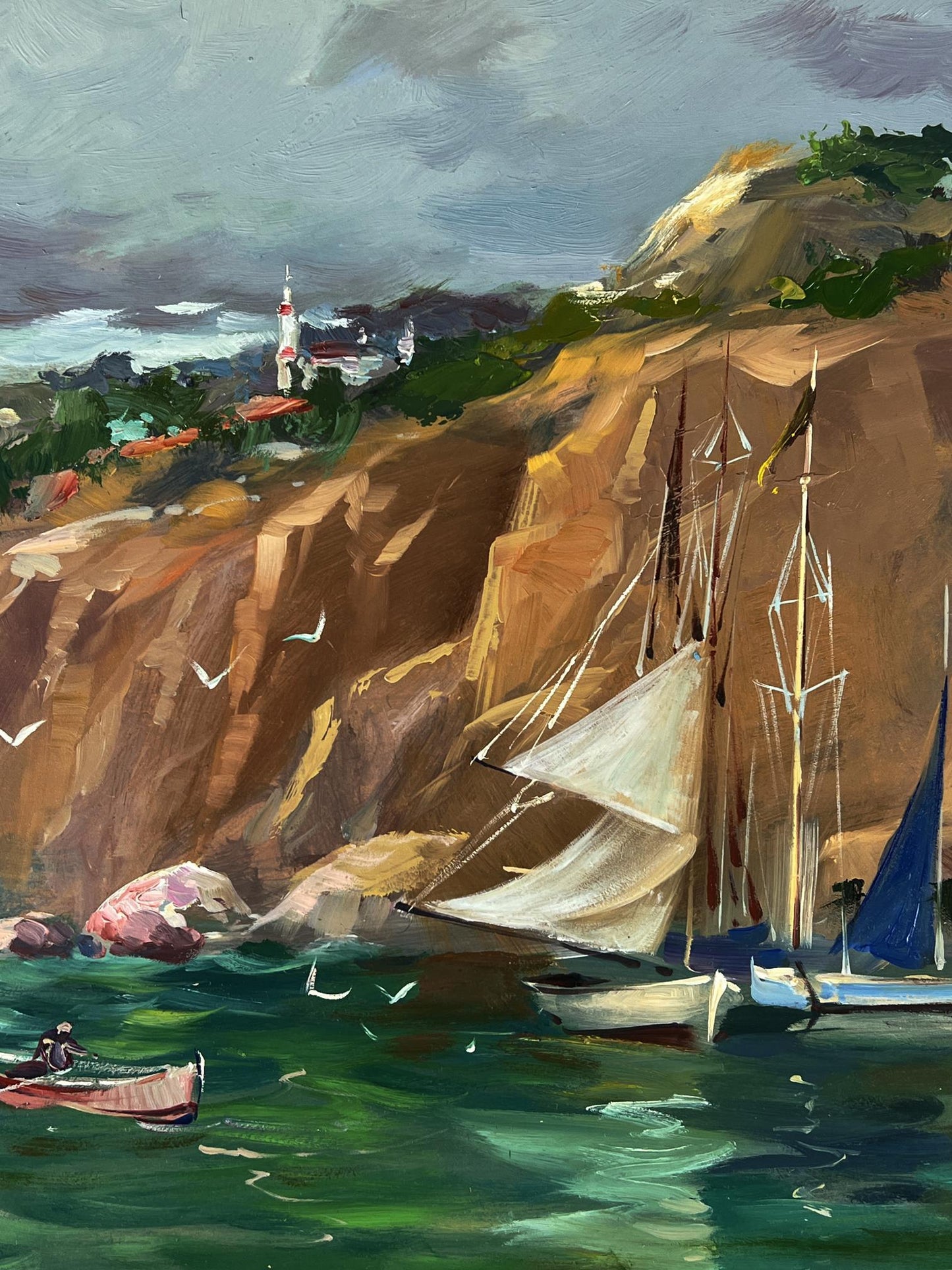 Oil painting Ships at the mountain by Yuriy Suprunchuk with cliffs and sailboats