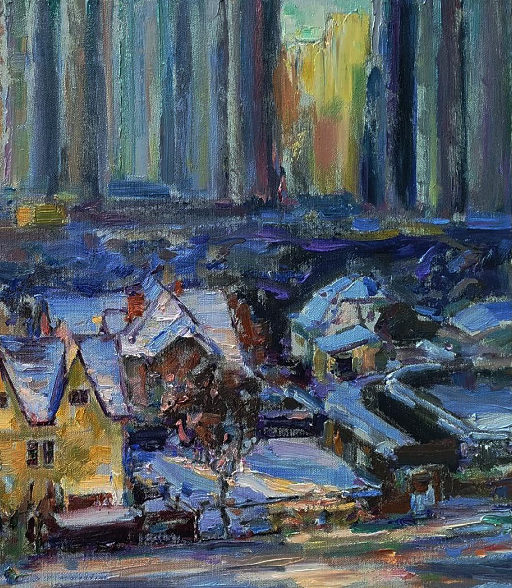 Vibrant impressionistic oil painting of snowy village by Leonid Pavlenko
