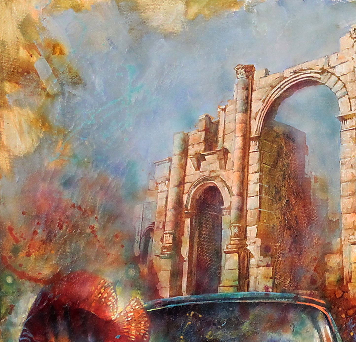 Oil painting of weathered stone archway by Alexander Dobrodiy