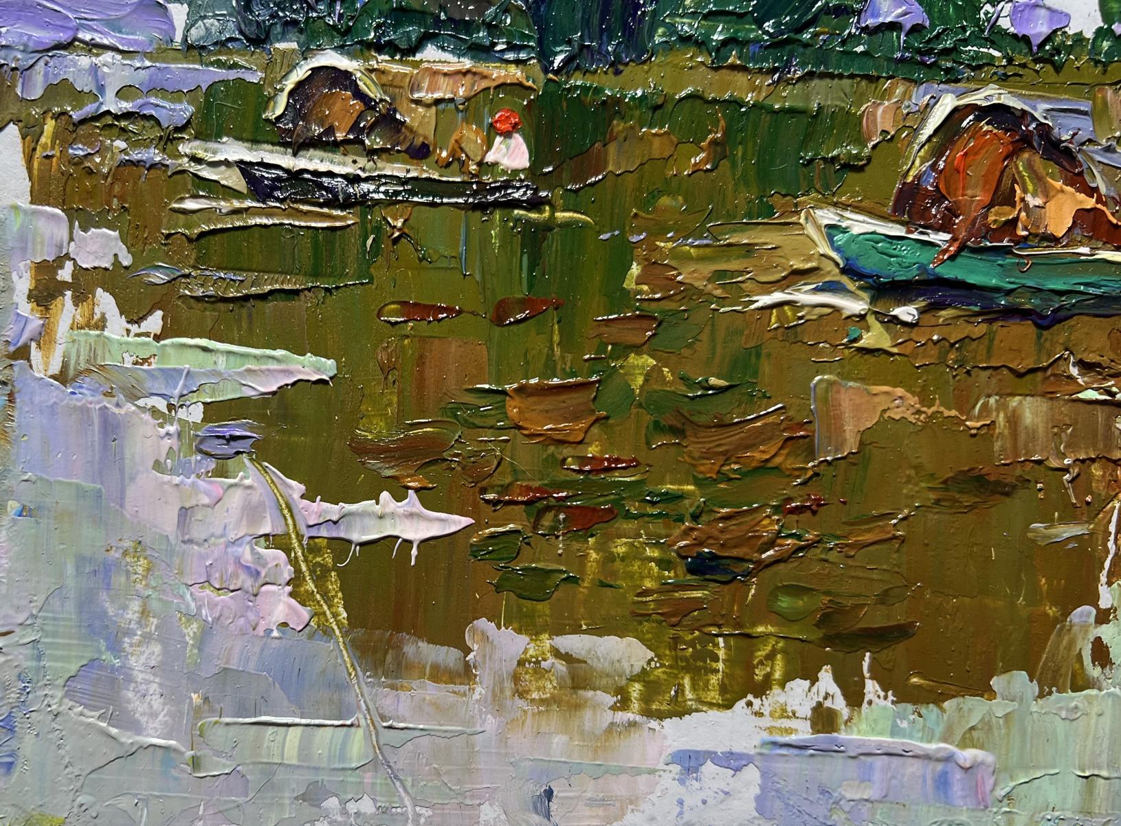 Impasto oil painting by Oleksiy Ivanyuk: serene hay boats scene