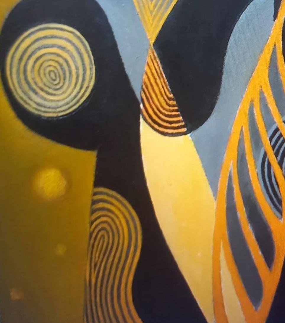 Oil painting Excitement by Alexander Strashevich with bold black gold blue geometric shapes