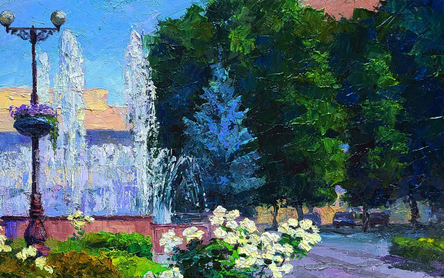 Vibrant oil painting of city square fountains by Boris Serdyuk