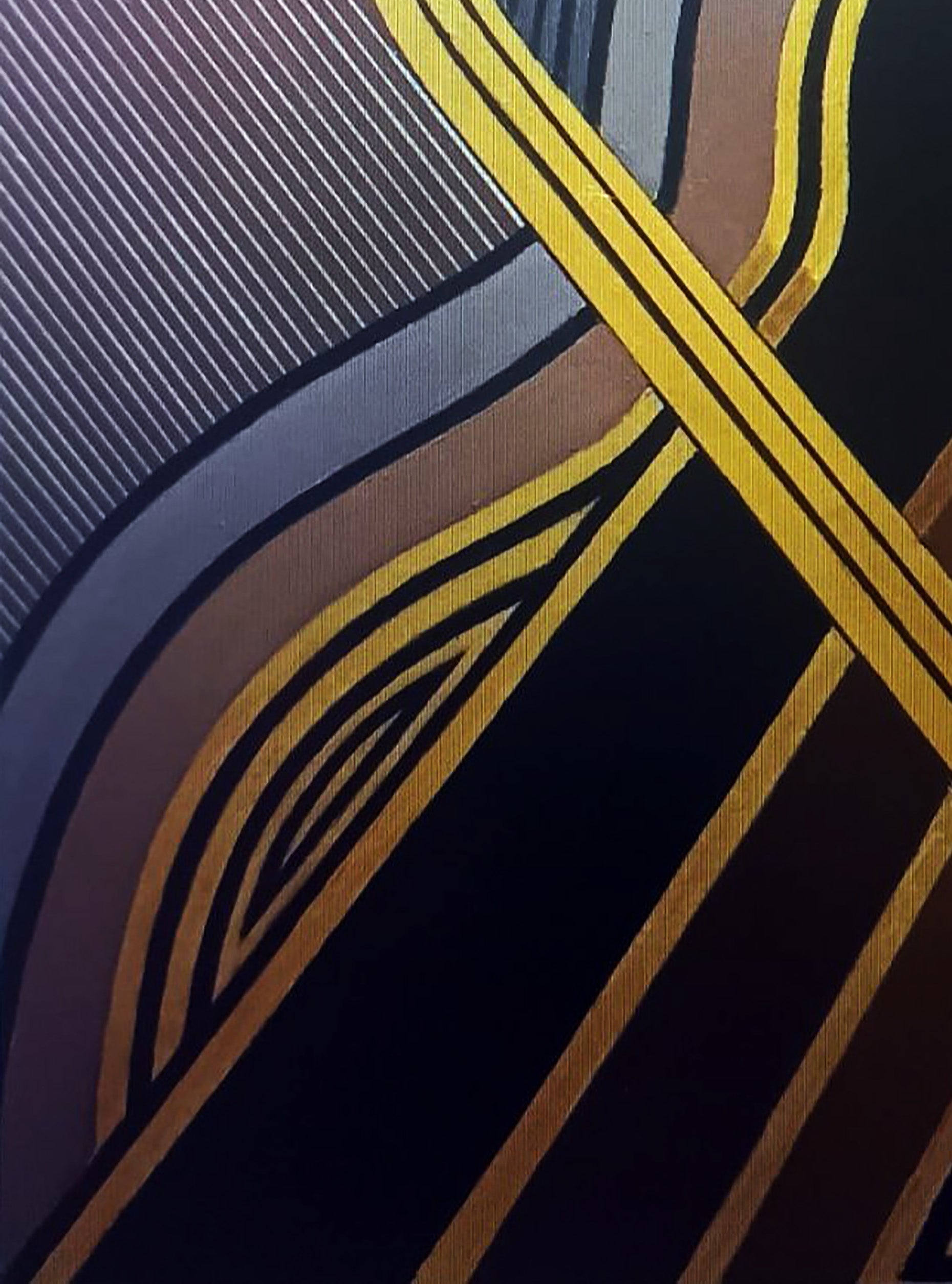 Oil painting Coherence by Alexander Strashevich: gold black stripes on gray textured fabric