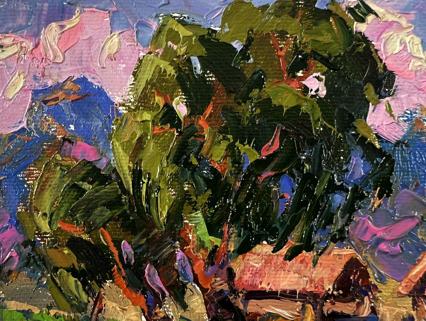 Oil painting of geese in village lake by Oksana Ivanyuk with green foliage