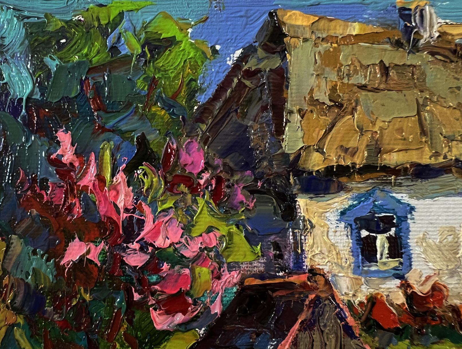 Oil painting Spring in the village by Oksana Ivanyuk: pink green bush by thatched cottage