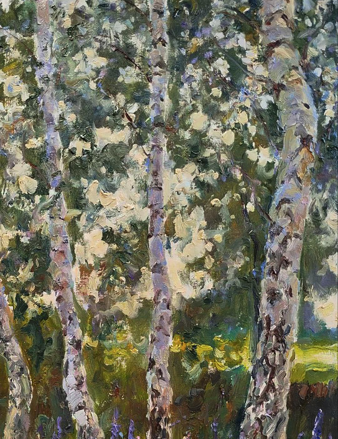 Textured oil painting of blooming lupine and birch trees by Leonid Pavlenko