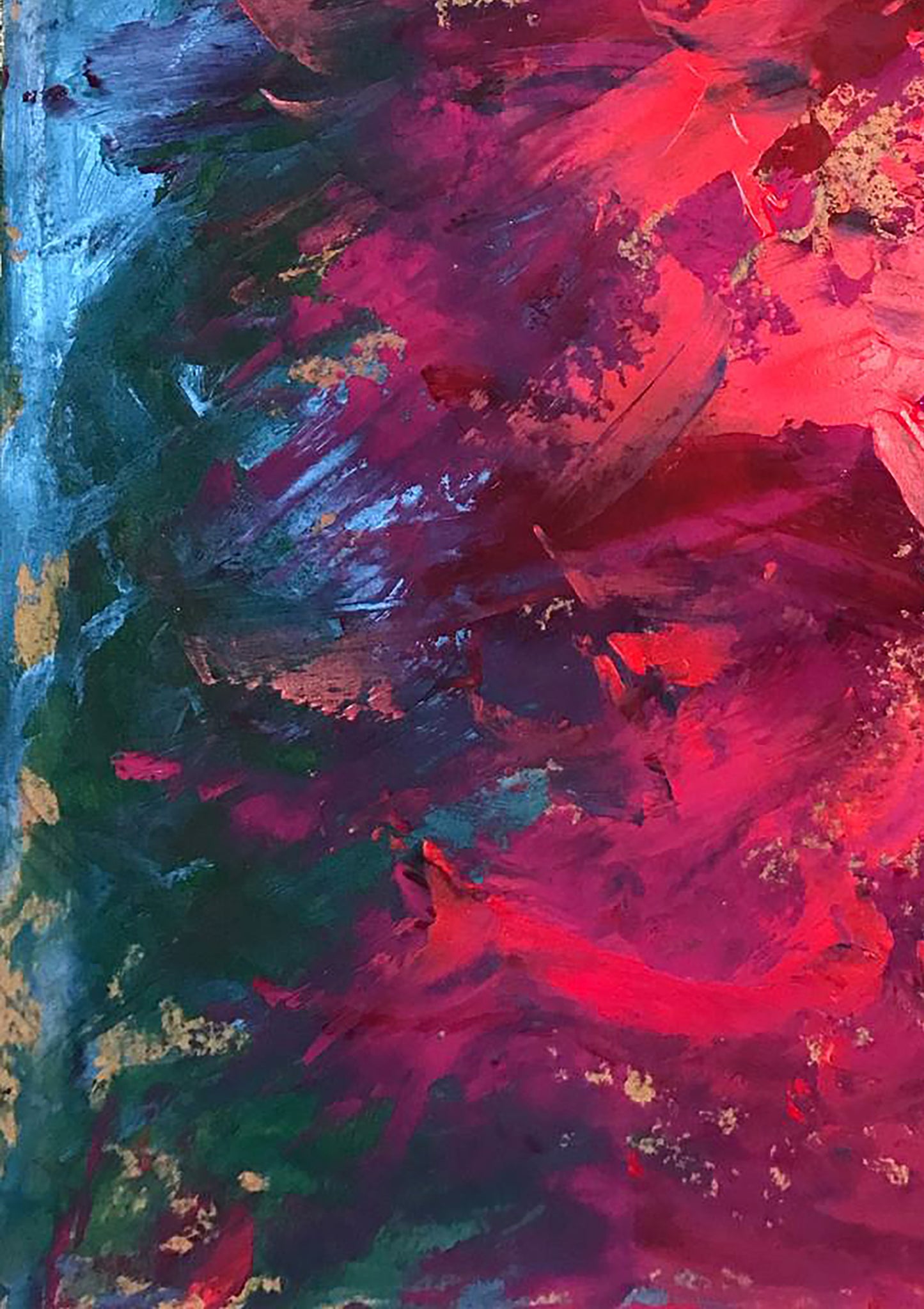 Vibrant acrylic painting Colors inside Olga Melezhik with bold red pink teal blue strokes