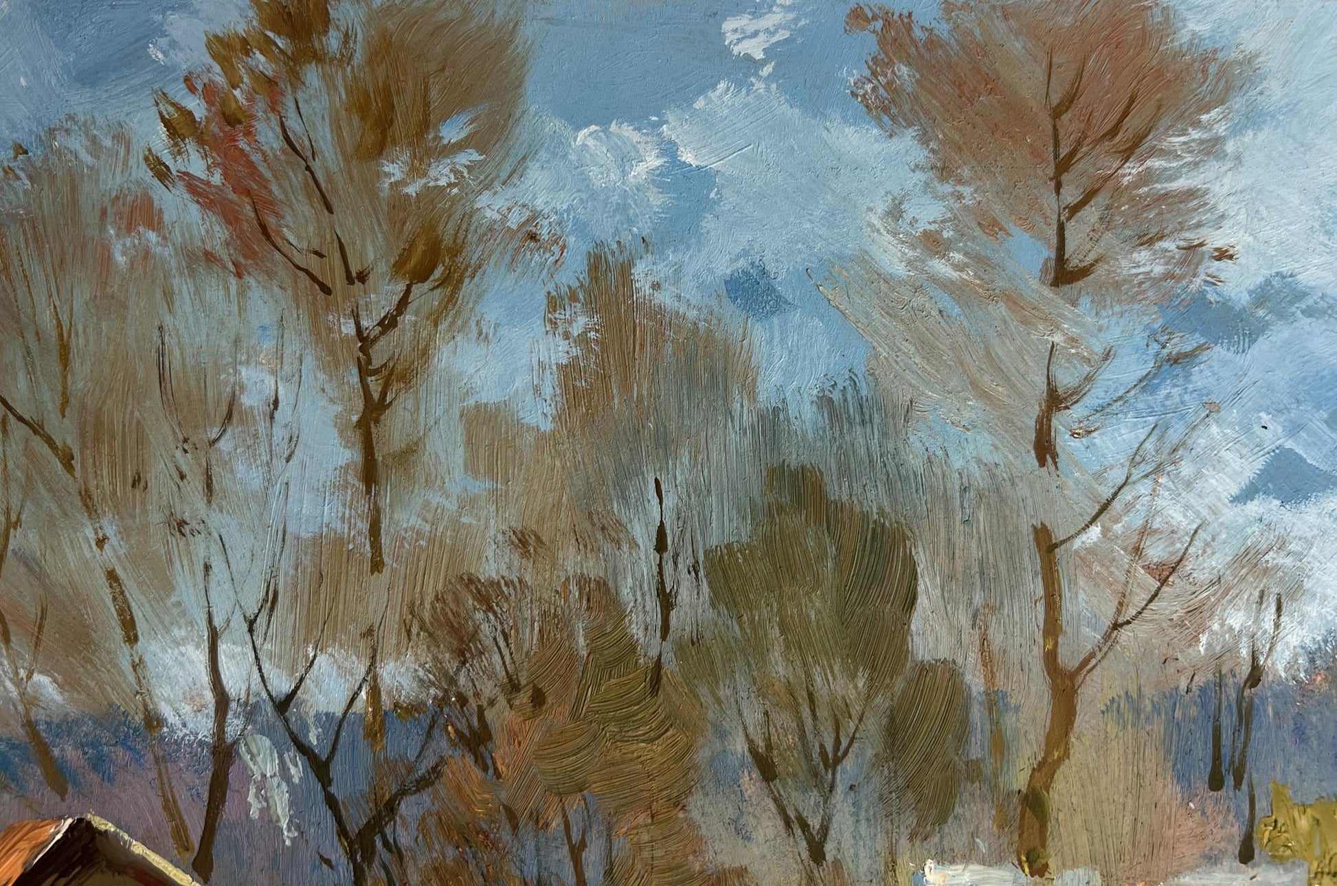 Oil painting I’m going back home by Yuriy Suprunchuk: bare trees in ochre foliage on blue sky