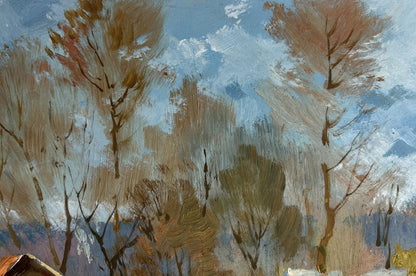 Oil painting I’m going back home by Yuriy Suprunchuk: bare trees in ochre foliage on blue sky