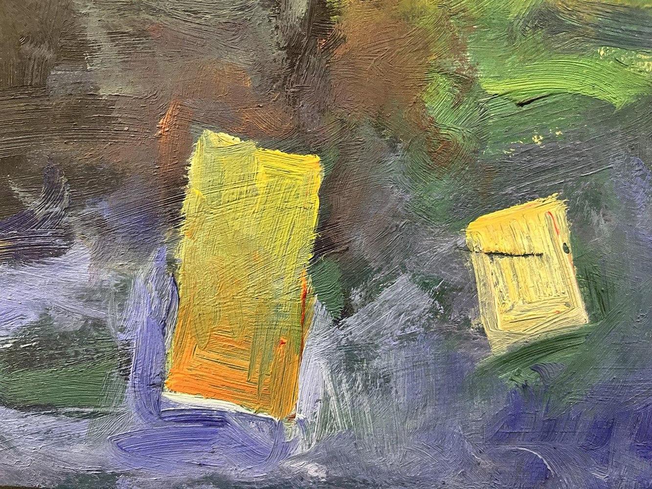 Oil painting Harbor by Oleksandr Andreev: vibrant yellow to orange gradient on purple-green abstract background