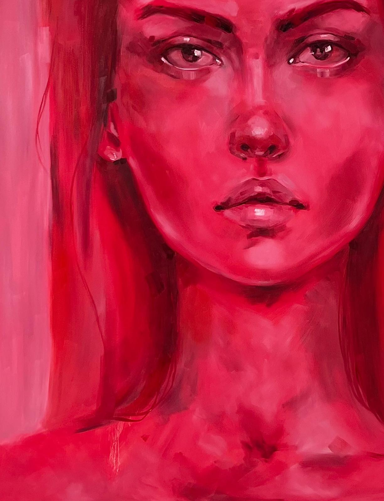 Vivid red oil painting portrait Doubt by Victoria Kagalovska