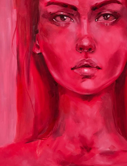 Vivid red oil painting portrait Doubt by Victoria Kagalovska