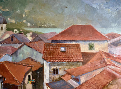Oil painting Streets of the town Tatyana Derdey terracotta rooftops cloudy sky