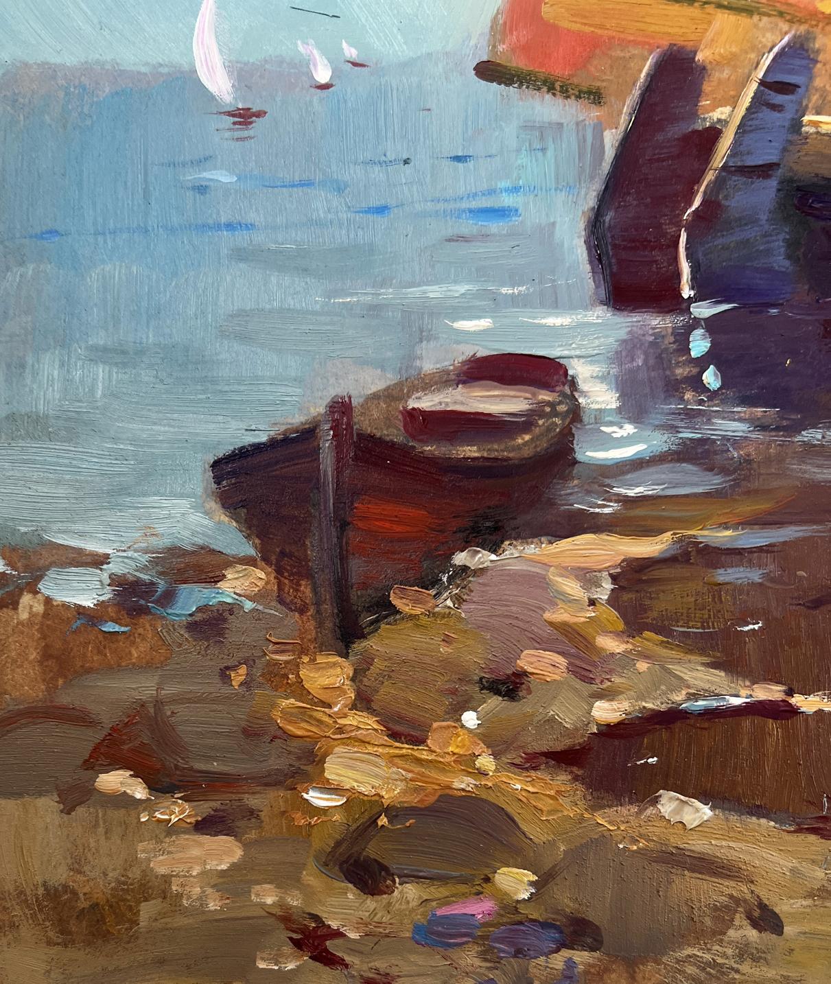 Oil painting of lonely rustic rowboat on shore by Yuriy Suprunchuk