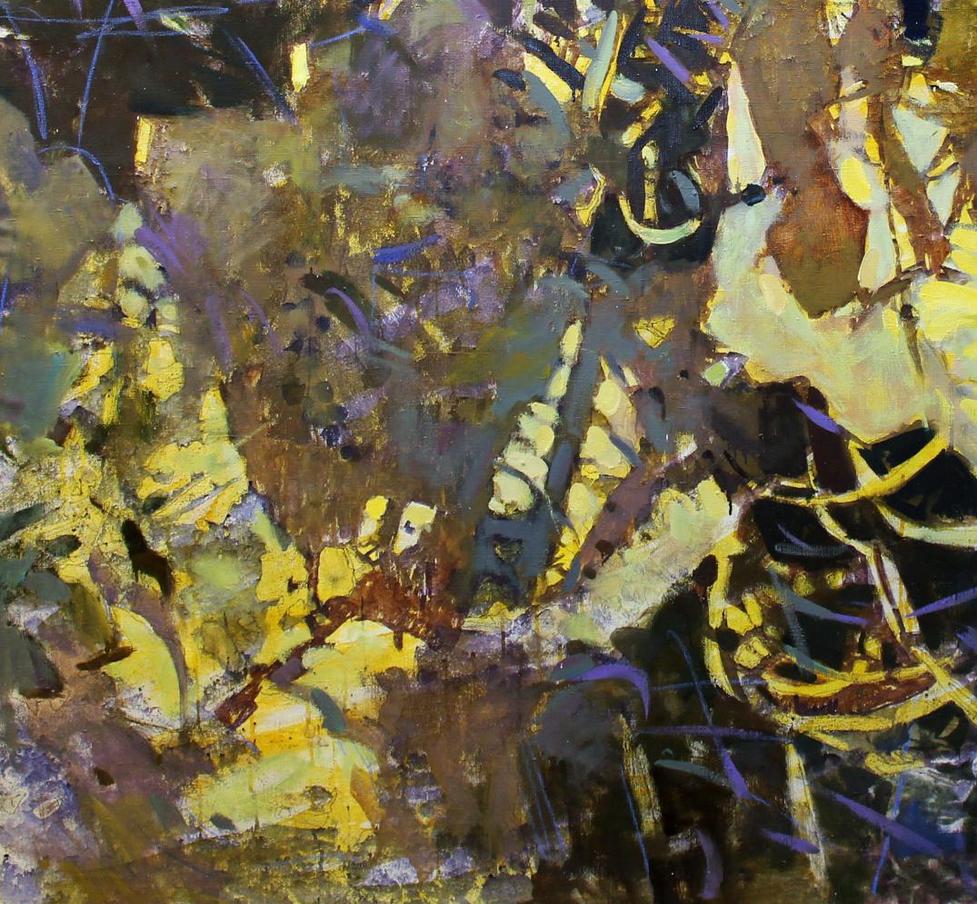 Oil painting Grass Ed Potapenkov: abstract yellow, brown, purple strokes on textured canvas