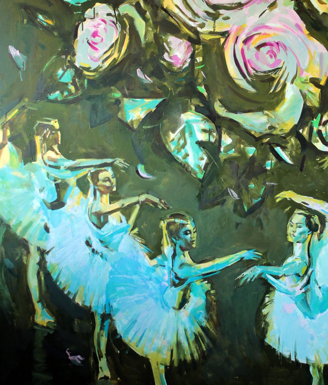 Vibrant Ovation oil painting by Ed Potapenkov with ballerinas and roses
