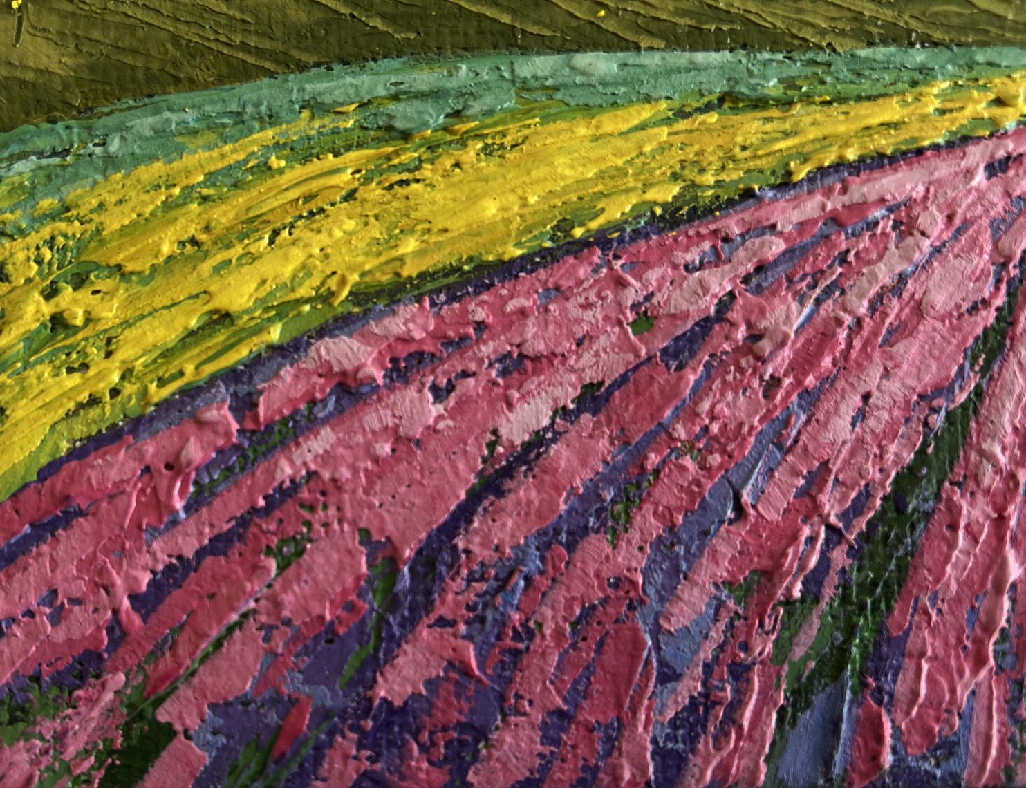 Vibrant sunset oil painting by V. Zadorozhnya with pink, yellow, green impasto stripes