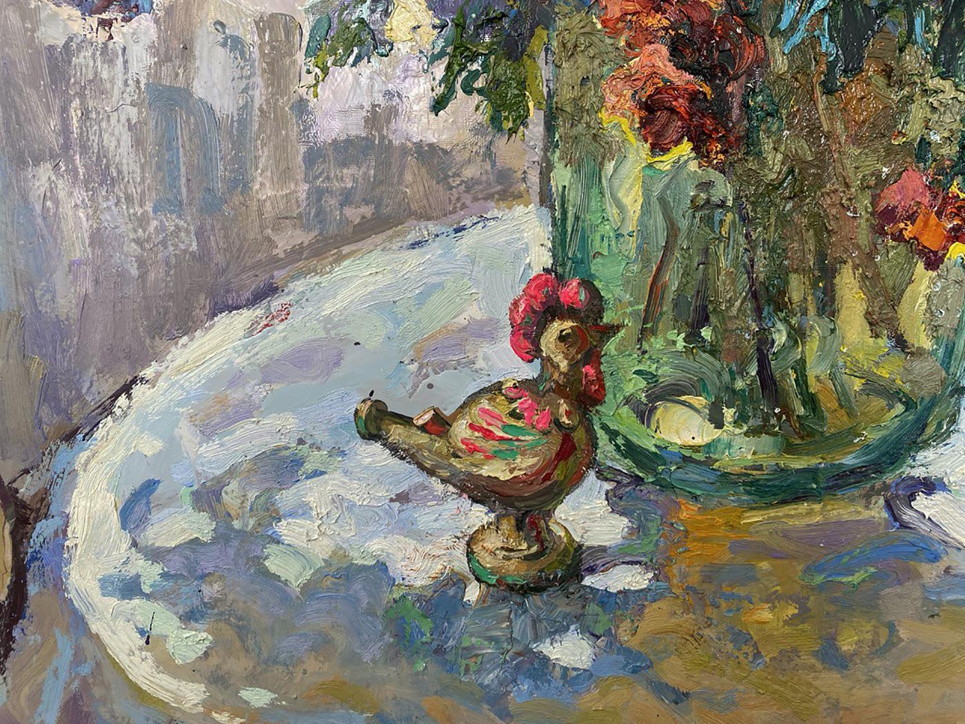 Painted ceramic rooster figurine with red green patterns by Oksana Ivanyuk