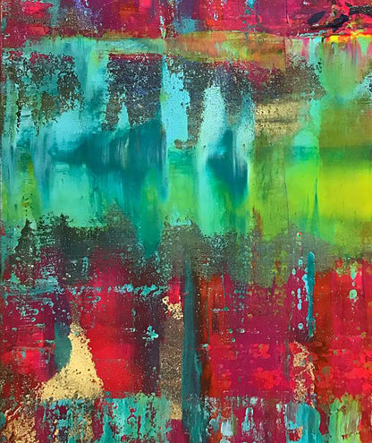 Vibrant Magic Wand acrylic painting by Olga Melezhik with bold red teal green gold streaks