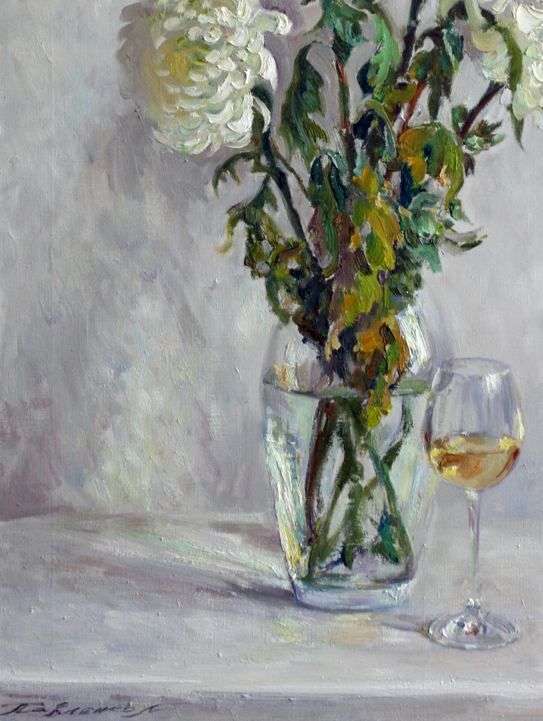 Oil painting Melancholy by Leonid Pavlenko: white chrysanthemums in vase