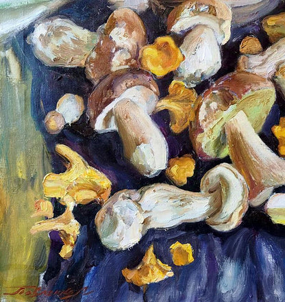 Oil painting of yellow and white mushrooms by Leonid Pavlenko