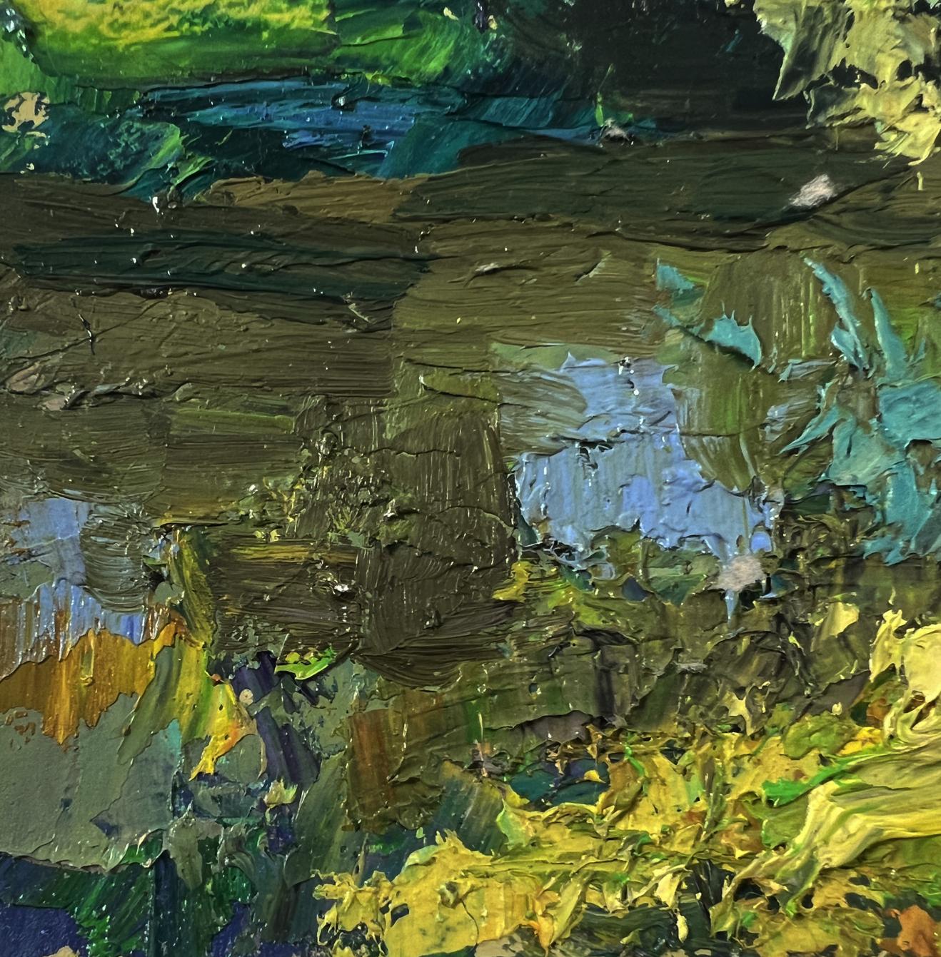 Oil painting of tree near river by Boris Serdyuk, textured impasto greens