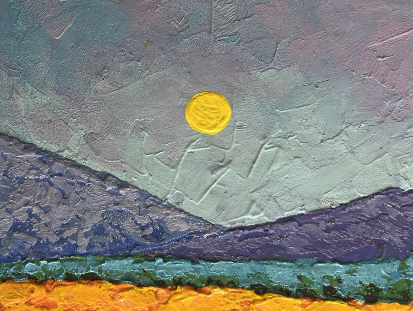 Oil painting of three trees in field with yellow sun, purple-blue mountains by V. Zadorozhnya