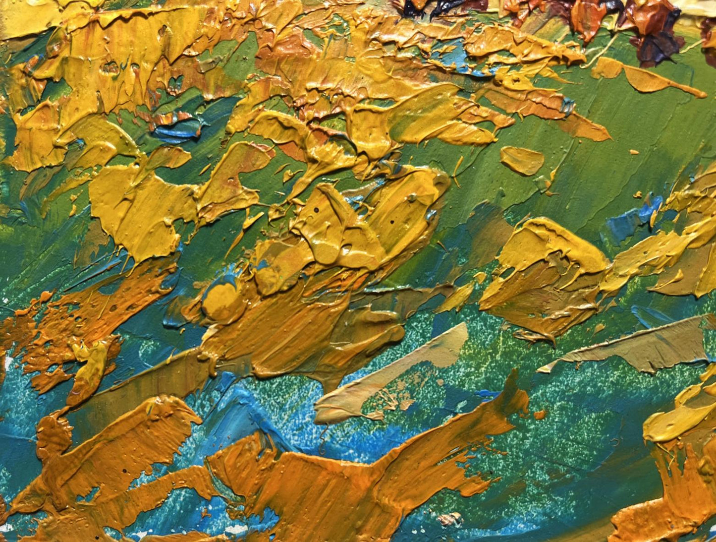 Oil painting Yellow sunset in the field by Oleksiy Ivanyuk with golden yellow impasto strokes