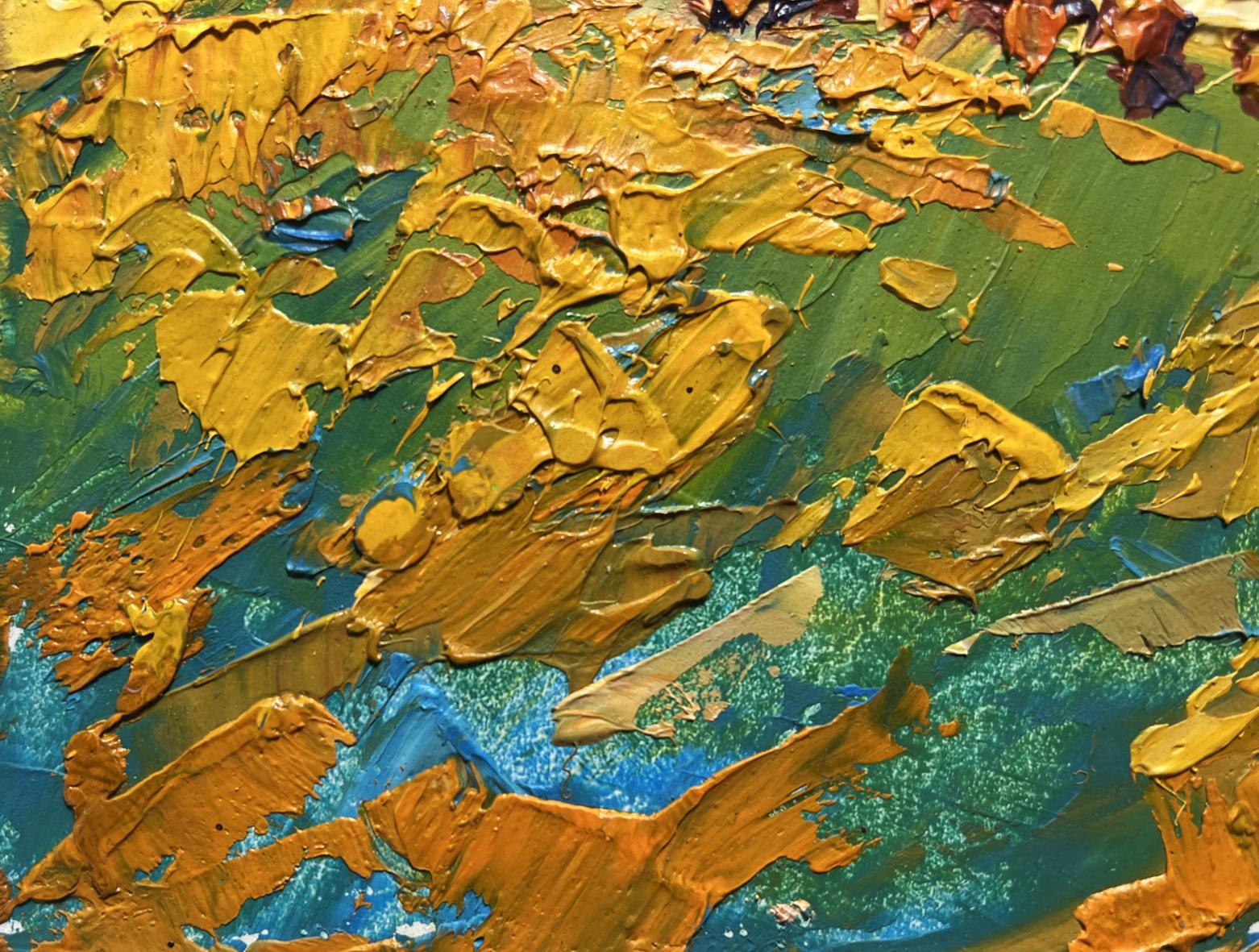 Oil painting Yellow sunset in the field by Oleksiy Ivanyuk with golden yellow impasto strokes
