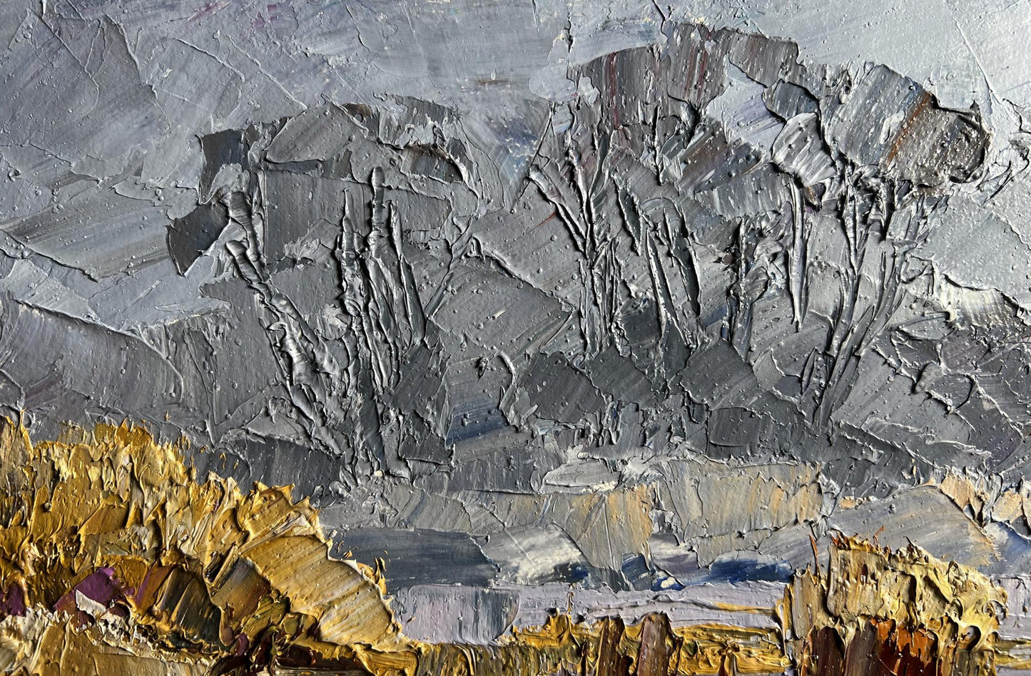 Oil painting Morning Frosts by Boris Serdyuk: textured gray-gold landscape