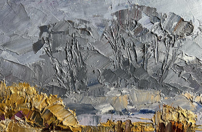 Oil painting Morning Frosts by Boris Serdyuk: textured gray-gold landscape