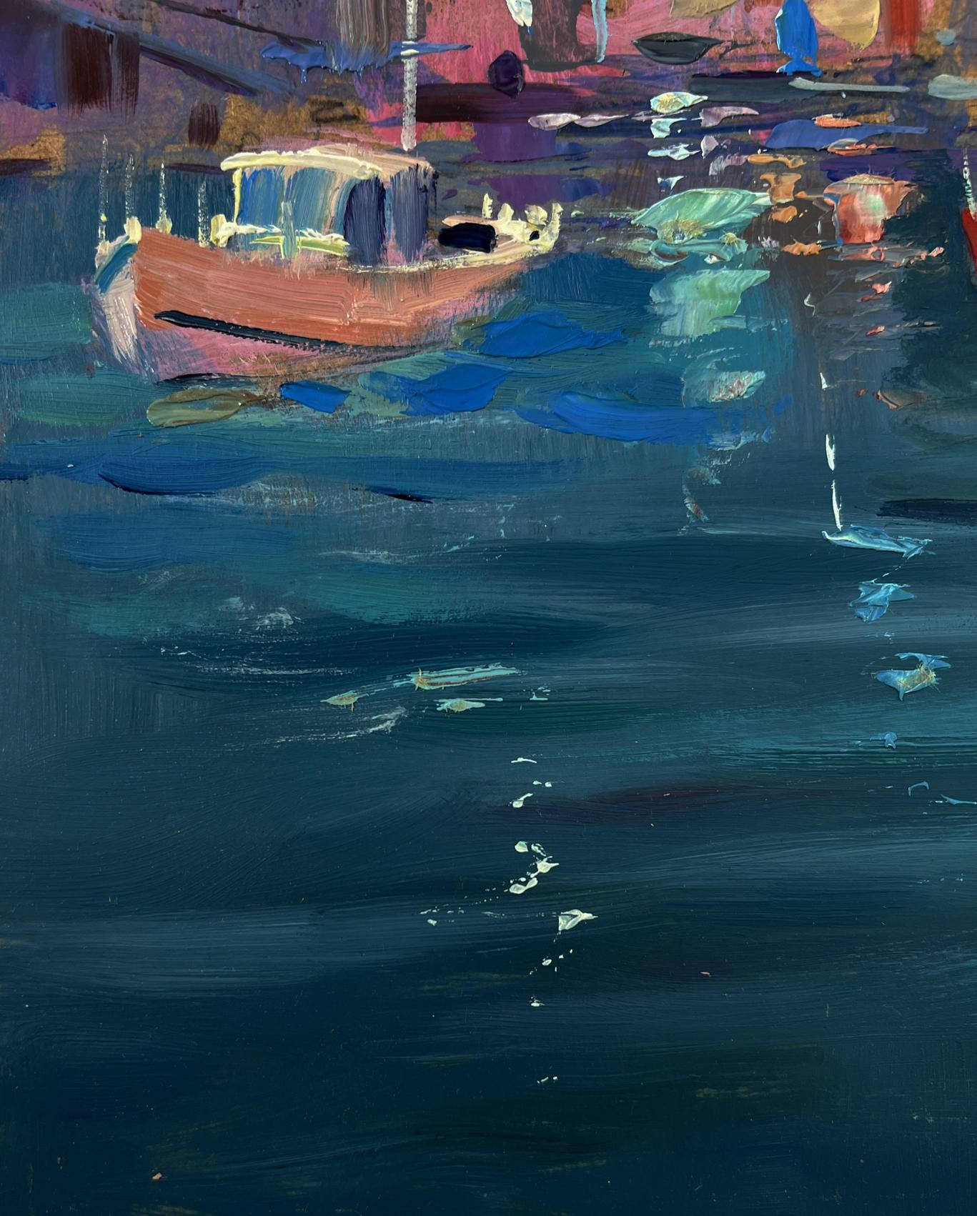 Oil painting of city on water by Yuriy Suprunchuk, boat on blue sea
