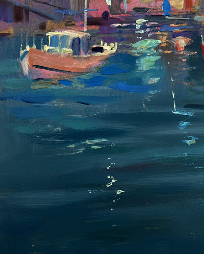 Oil painting of city on water by Yuriy Suprunchuk, boat on blue sea