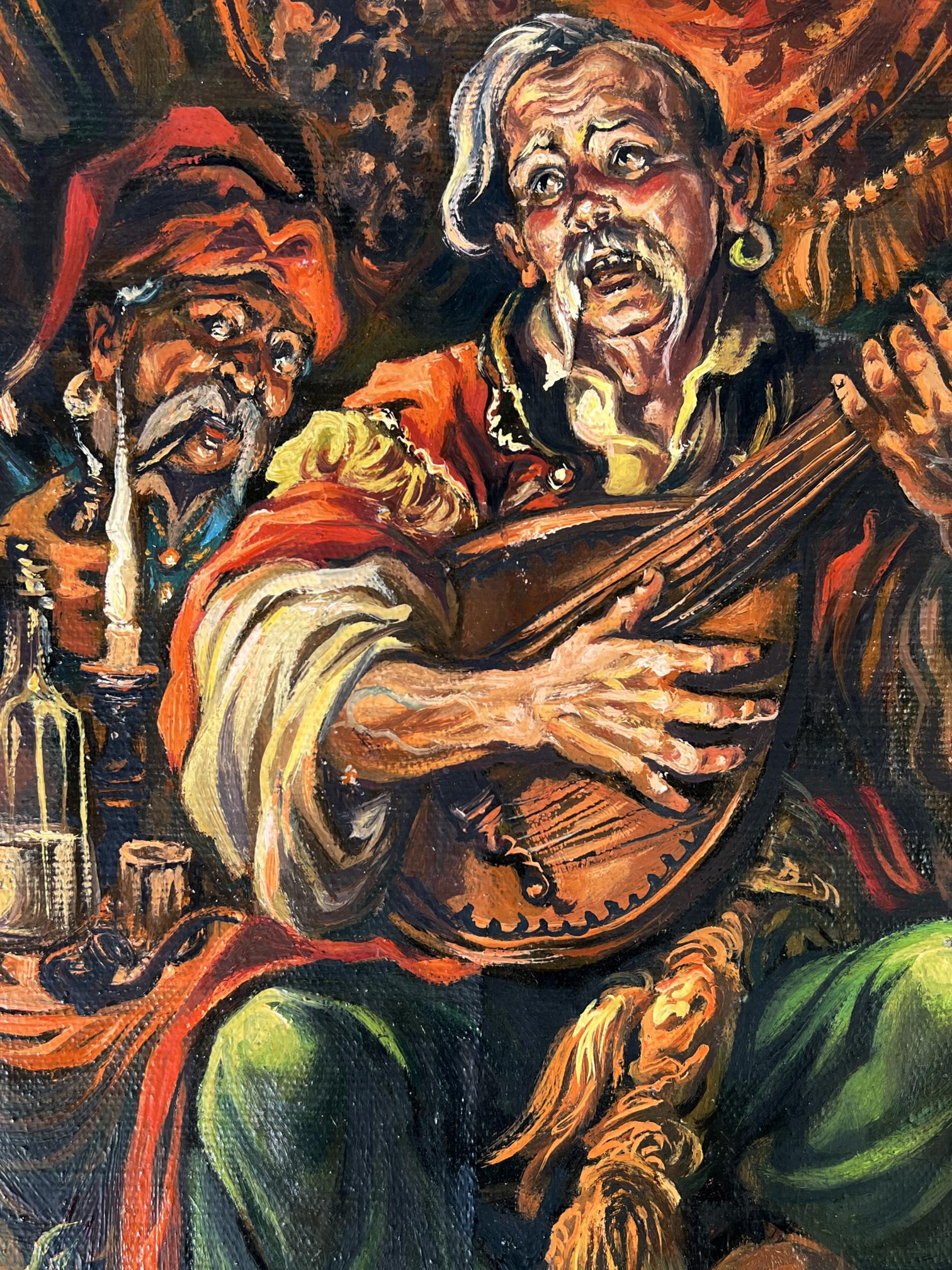 Oil painting of Alexander Litvinov musician with carved wooden lute