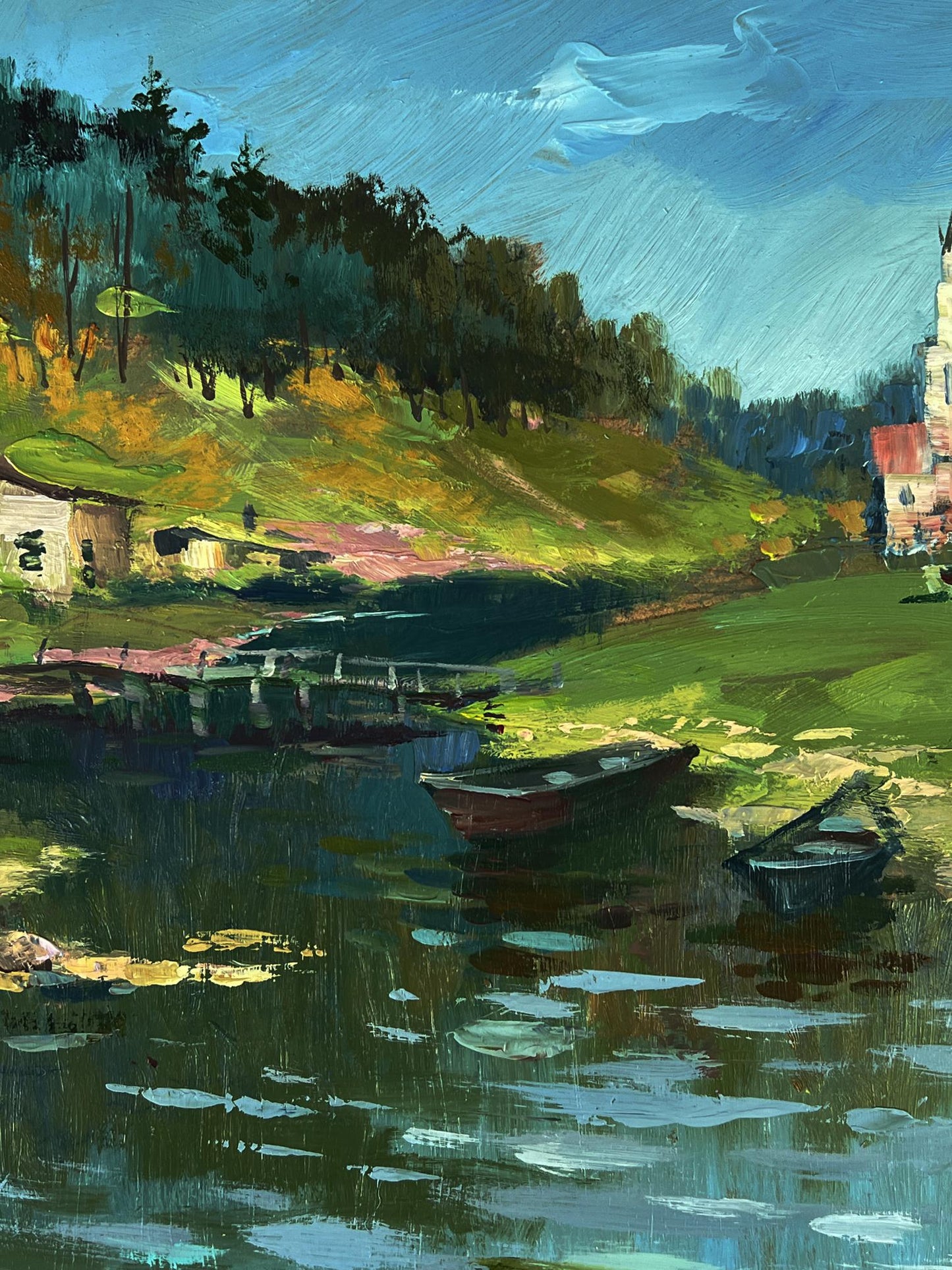 Oil painting of rustic rowboat on calm river to village by Yuriy Suprunchuk