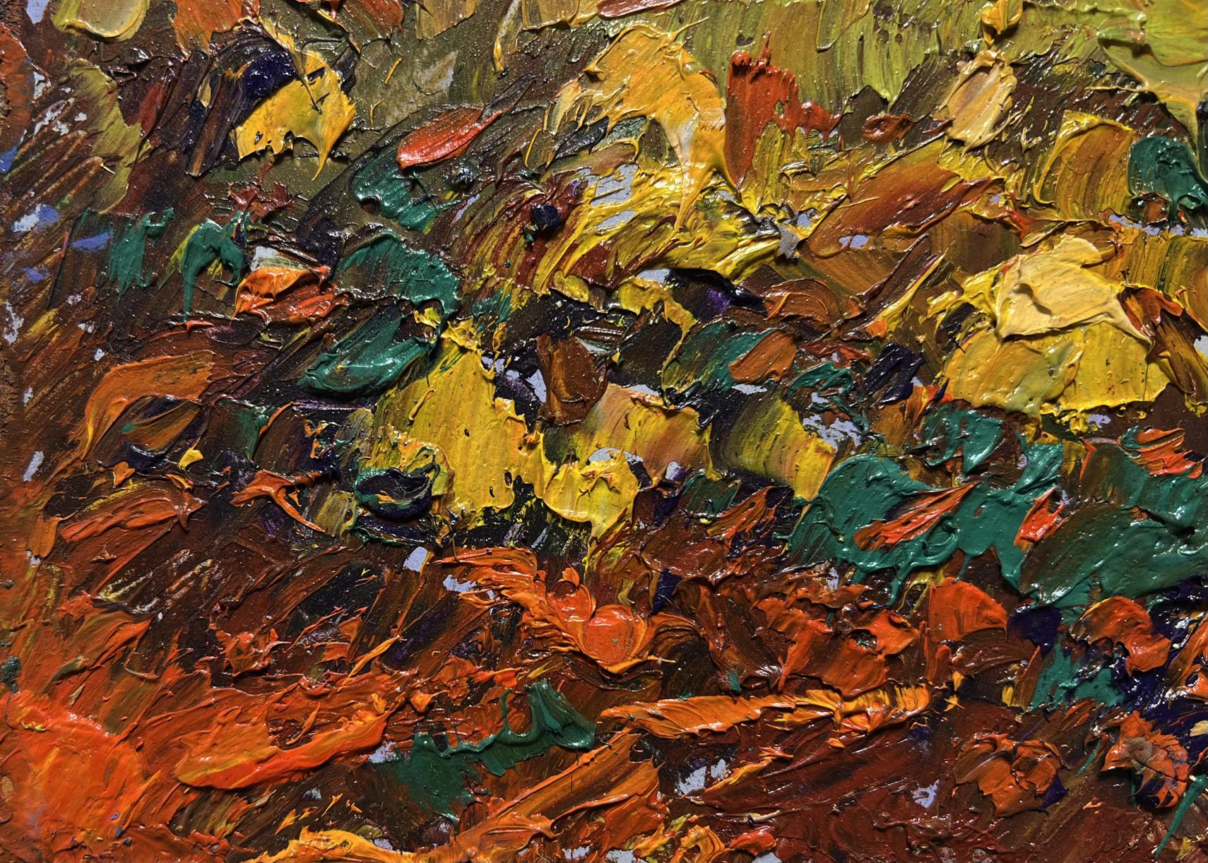 Oil painting The edge of a plowed field by Oleksiy Ivanyuk in vibrant yellows greens oranges