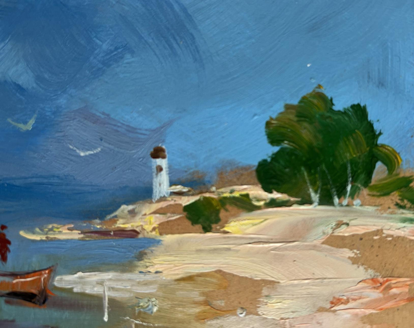 Oil painting of white lighthouse on rocky shore by Yuriy Suprunchuk