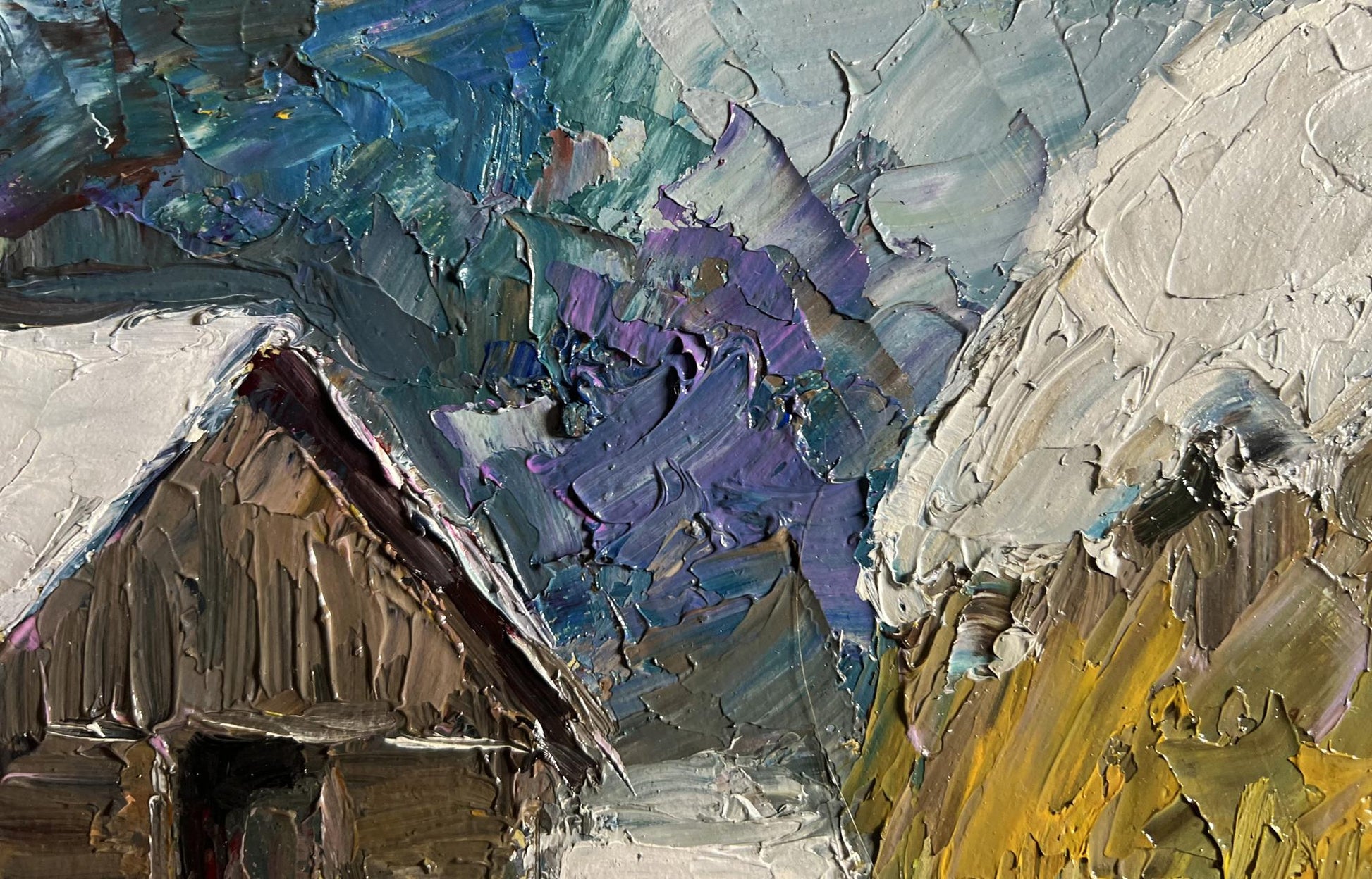 Oil painting Winter bustle in the yard by Boris Serdyuk, rustic cabin in snow mountains