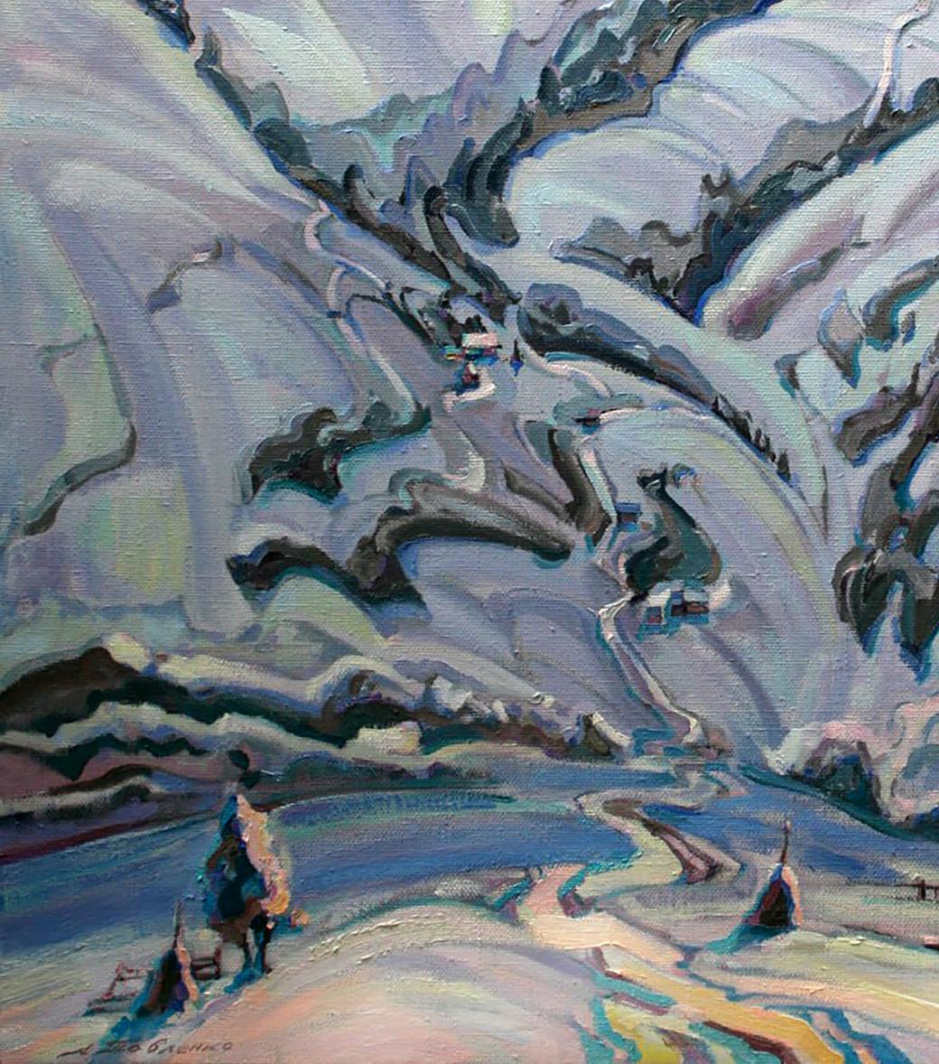 Oil painting of snowy mountain landscape by Leonid Pavlenko