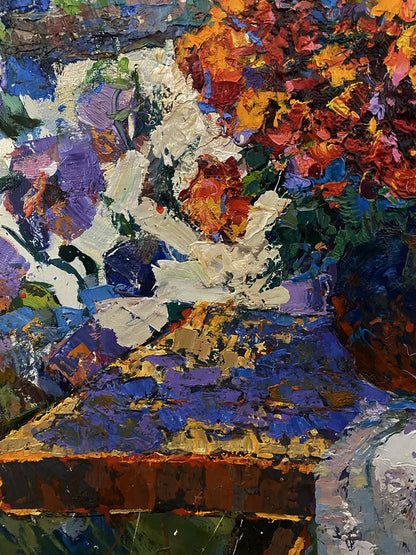 Vibrant impressionist floral oil painting Twisted gentlemen by Oksana Ivanyuk