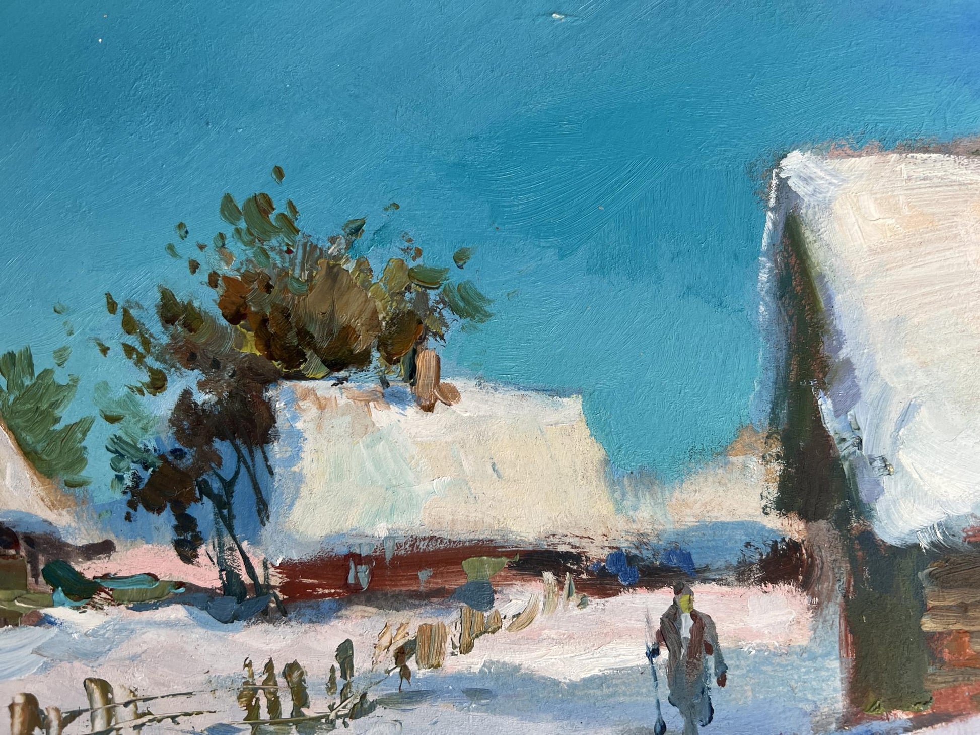 Oil painting by Yuriy Suprunchuk: snow-covered rustic thatched house in yard