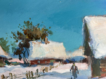 Oil painting by Yuriy Suprunchuk: snow-covered rustic thatched house in yard